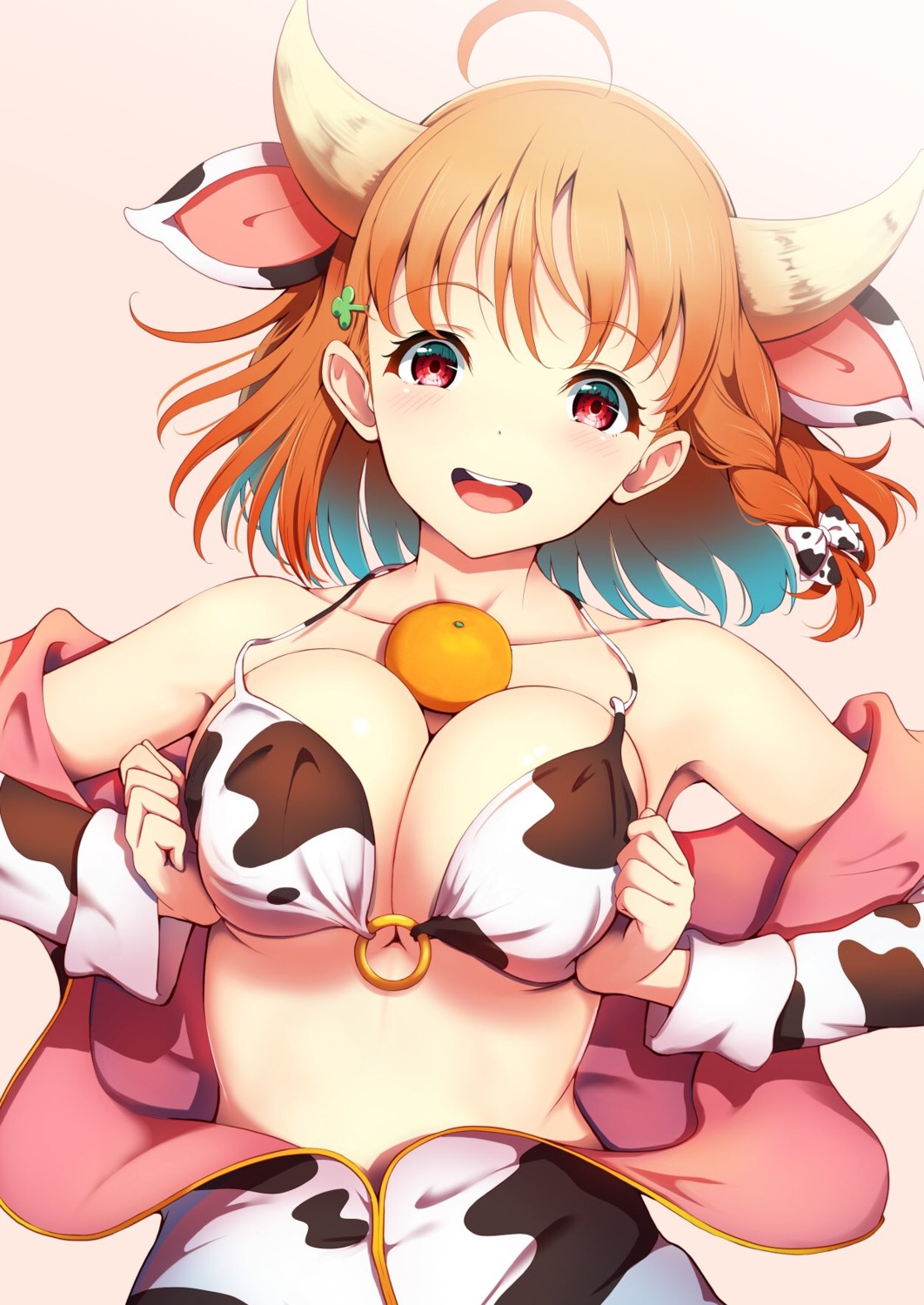 amagi_(volfuji) bikini_top breast_hold cleavage horns love_live!_sunshine!! open_shirt swimsuits takami_chika