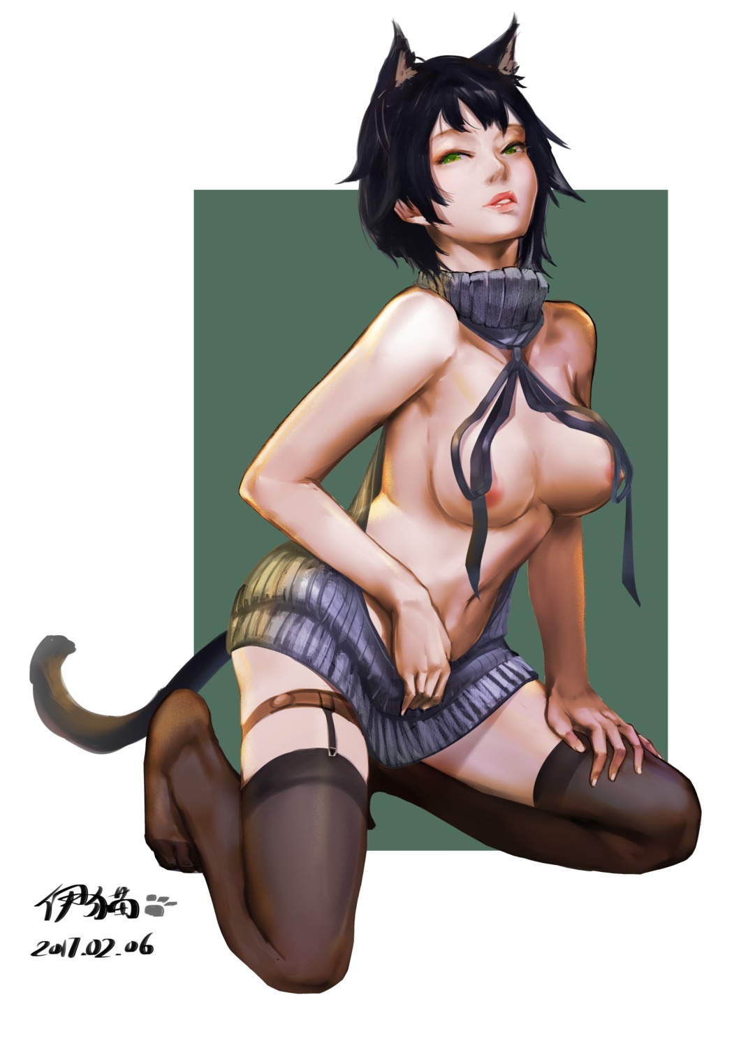 animal_ears breasts garter nekomimi nipples no_bra stockings tail thighhighs yi_cat