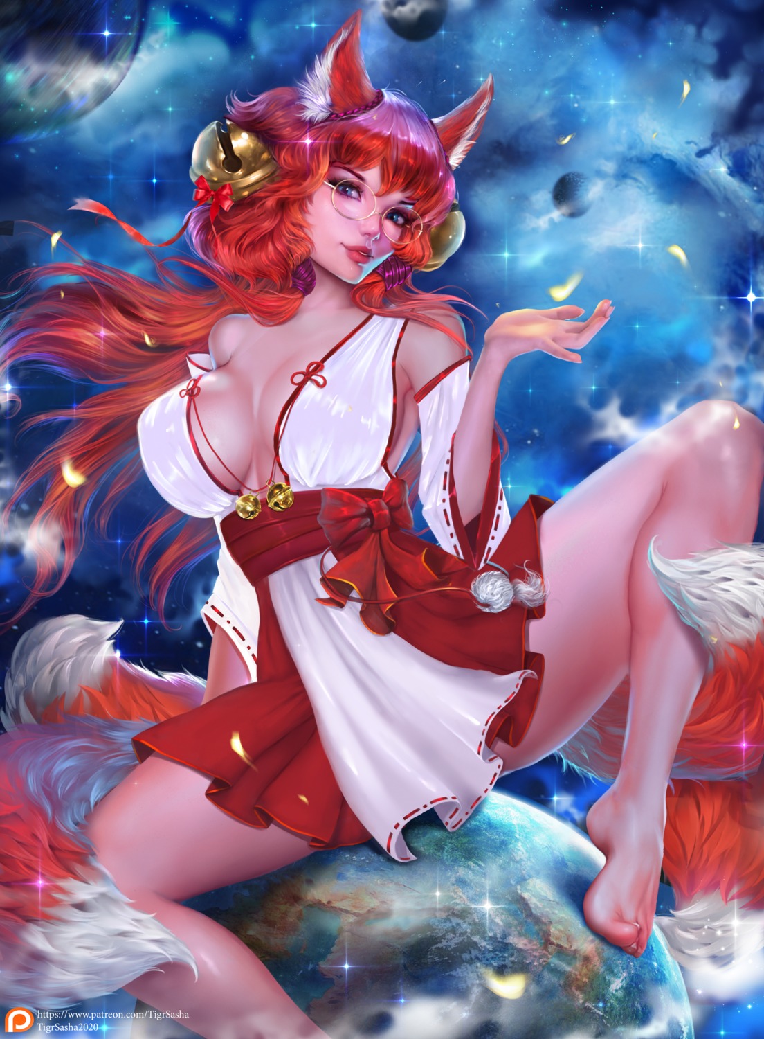 animal_ears cleavage cysh kitsune megane miko no_bra skirt_lift tail tigrsasha