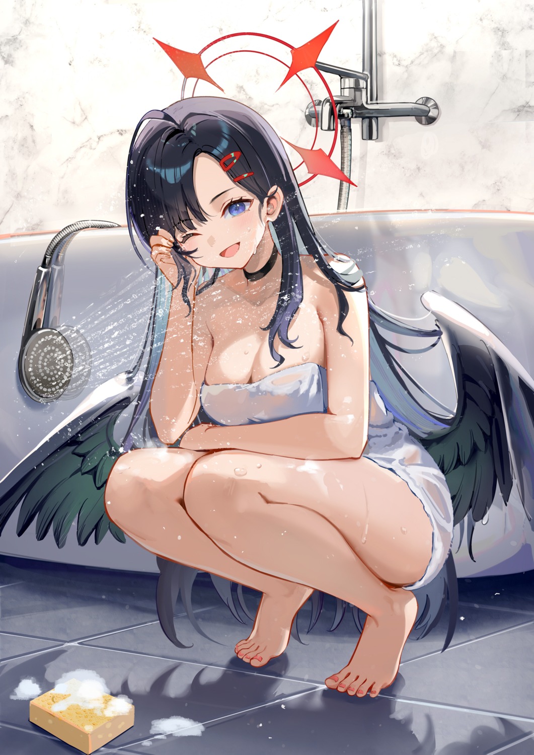 angel bathing blue_archive nakamasa_ichika rero_(bigdoorbig2) towel wet wings