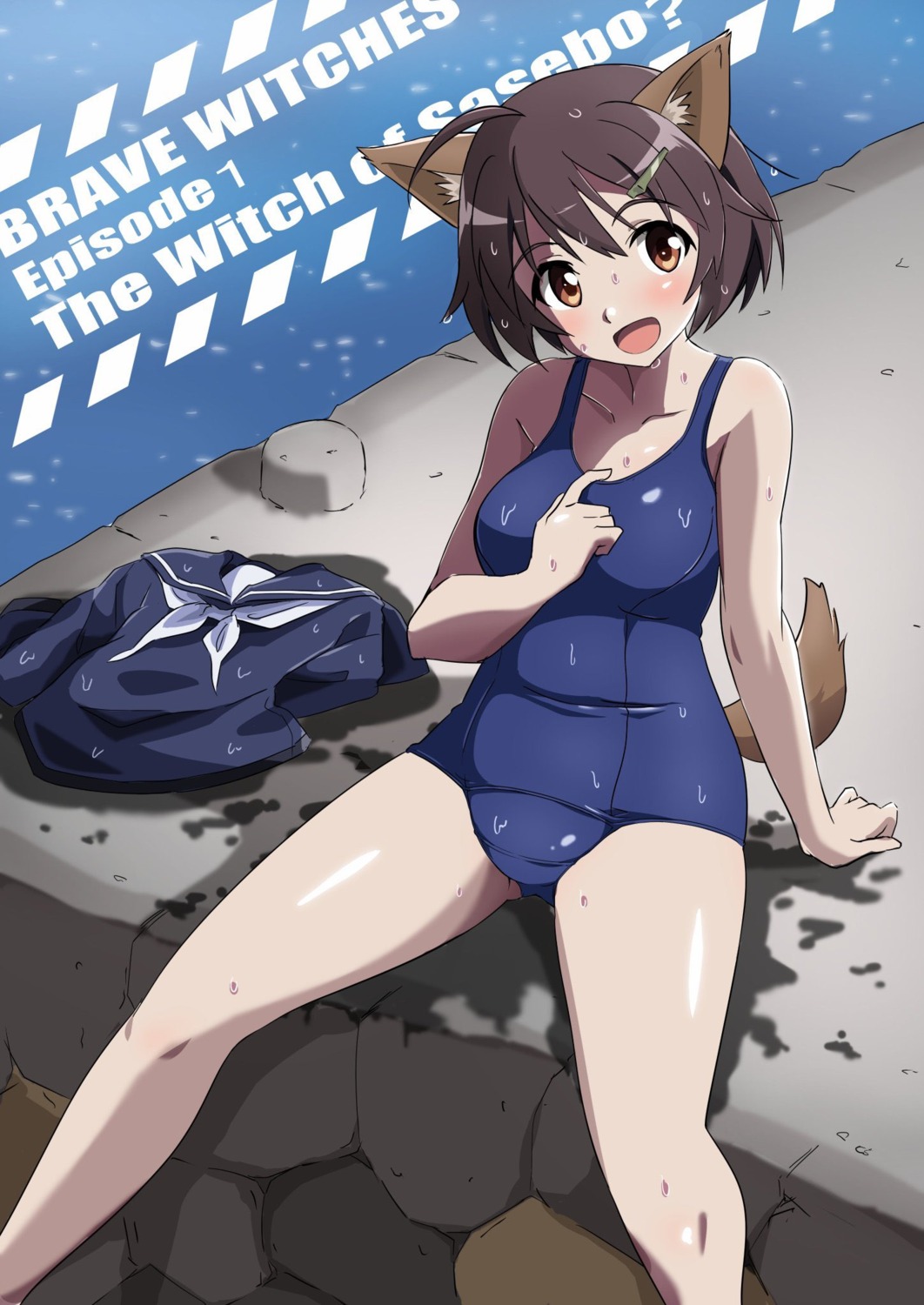 animal_ears brave_witches inumimi karibuchi_hikari school_swimsuit strike_witches swimsuits tail tricky_46 wet