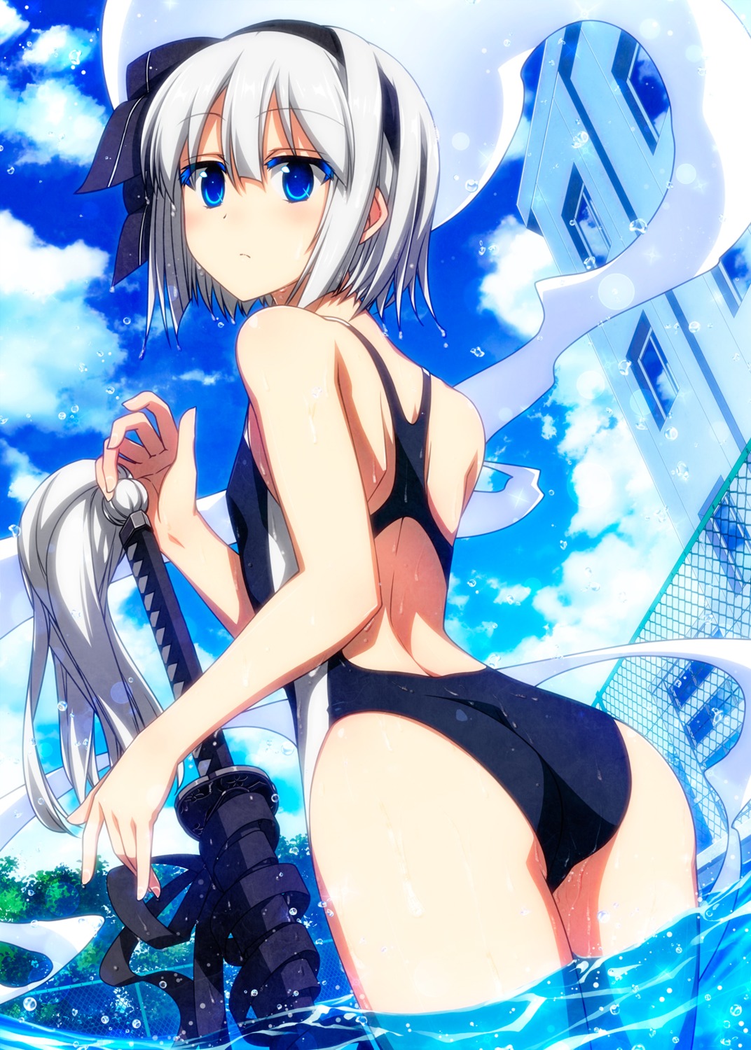 ass konpaku_youmu myon sazanami_mio swimsuits sword touhou wet