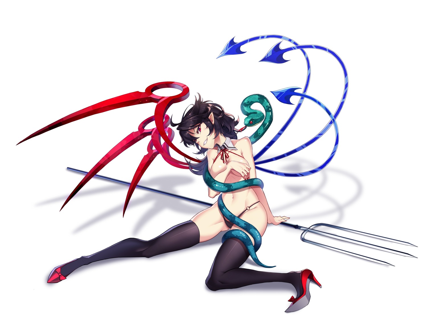 breast_hold heels houjuu_nue shinebell thighhighs topless touhou wings