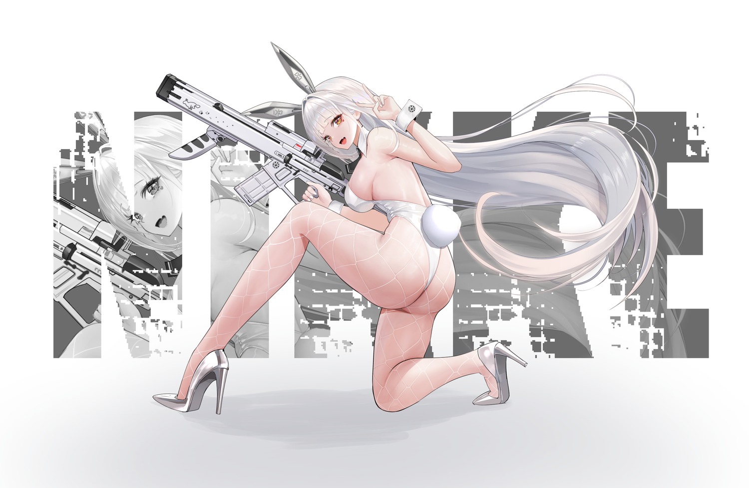 animal_ears blanc_(nikke) bunny_ears bunny_girl fishnets goddess_of_victory:_nikke gun heels maki_(user_fyjx4337) no_bra pantyhose tail