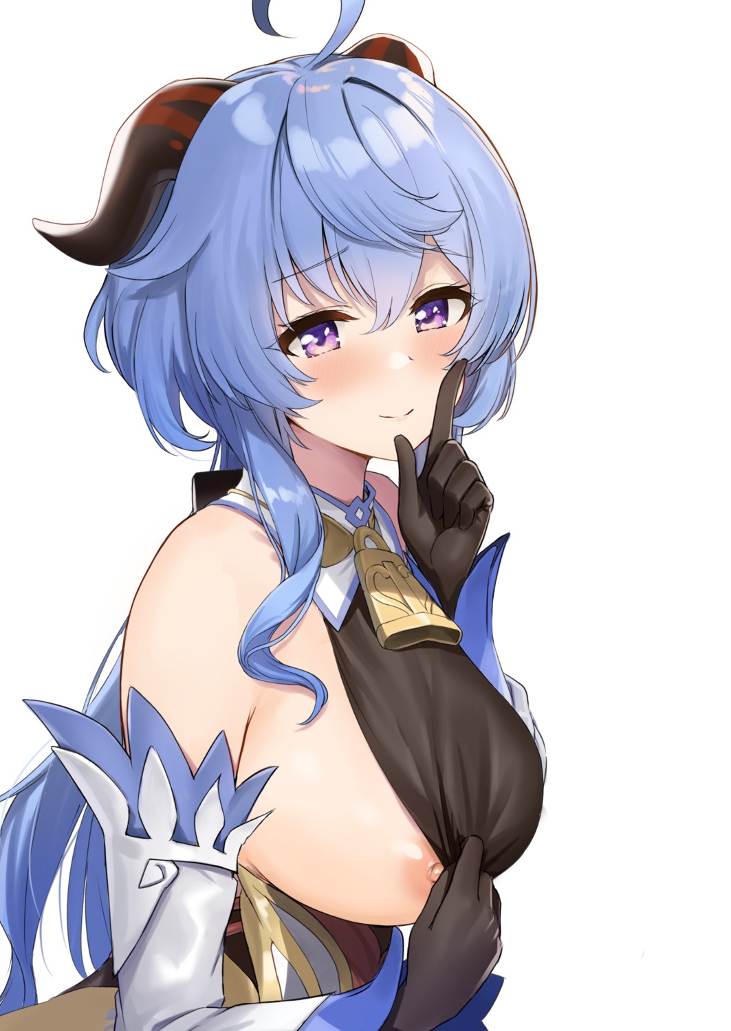 asian_clothes ayul_(ayulneri_92) ganyu genshin_impact horns nipple_slip no_bra