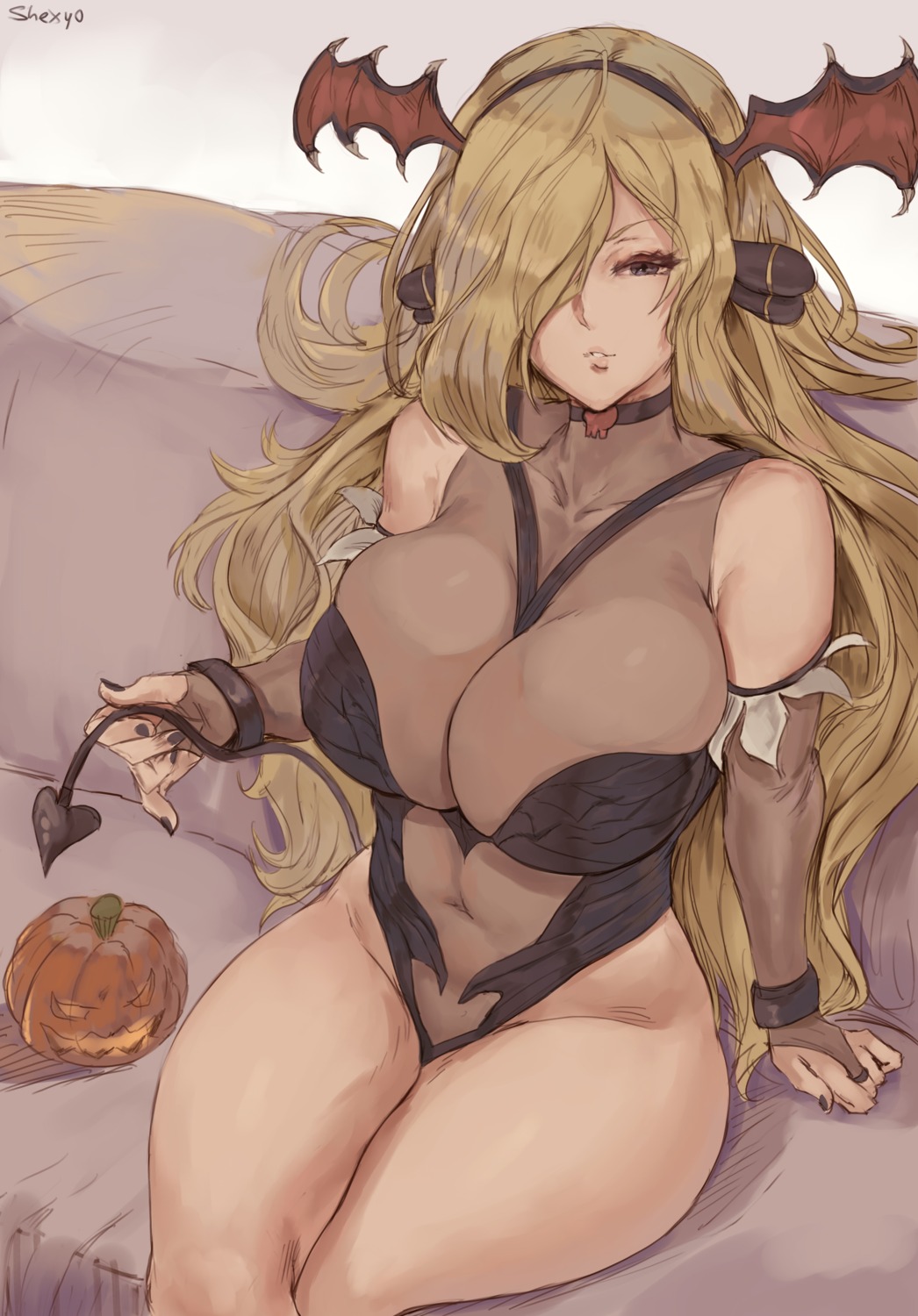 halloween leotard no_bra pokemon pokemon_bdsp pokemon_dppt see_through shexyo shirona_(pokemon) tail wings