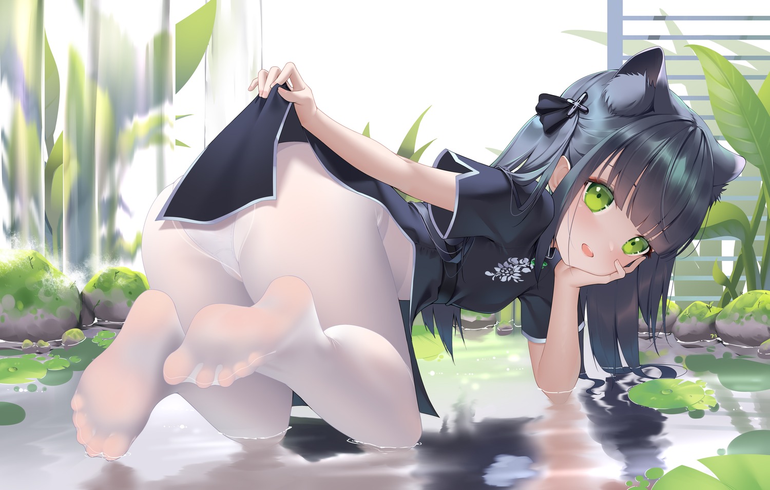 animal_ears ass bingchuan_xian_yu_huang blue_archive cameltoe chinadress feet loli pantsu pantyhose see_through skirt_lift sunohara_shun thong undressing wet