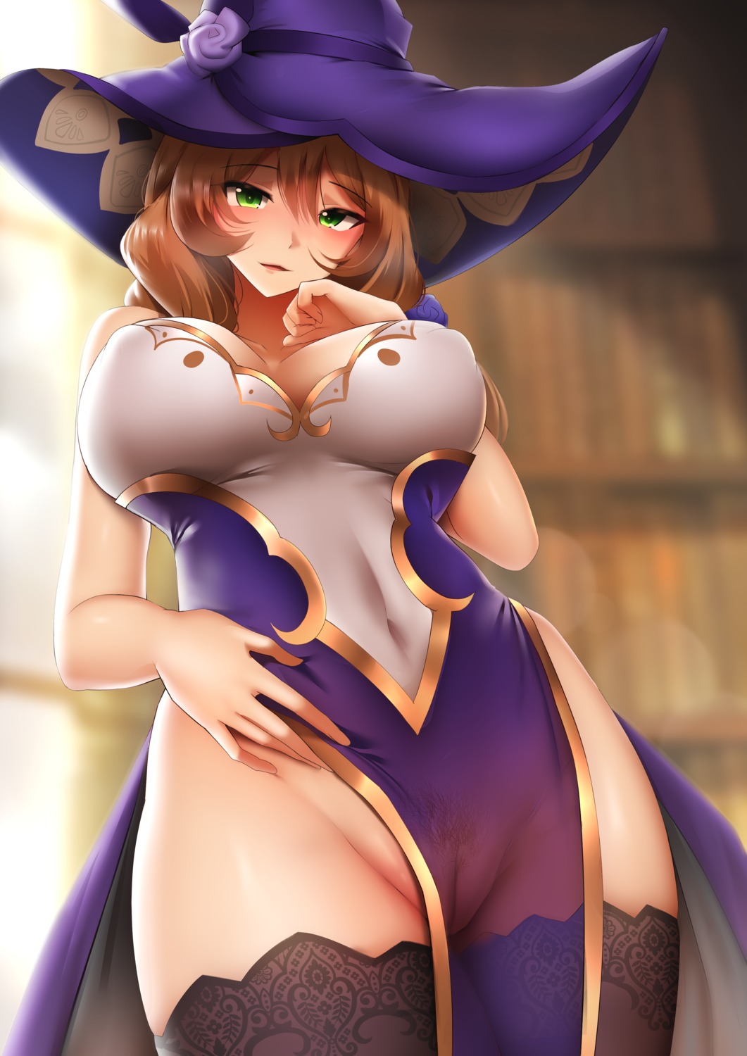 dress erect_nipples genshin_impact ginhaha lisa_(genshin_impact) no_bra nopan pubic_hair pussy see_through thighhighs uncensored witch