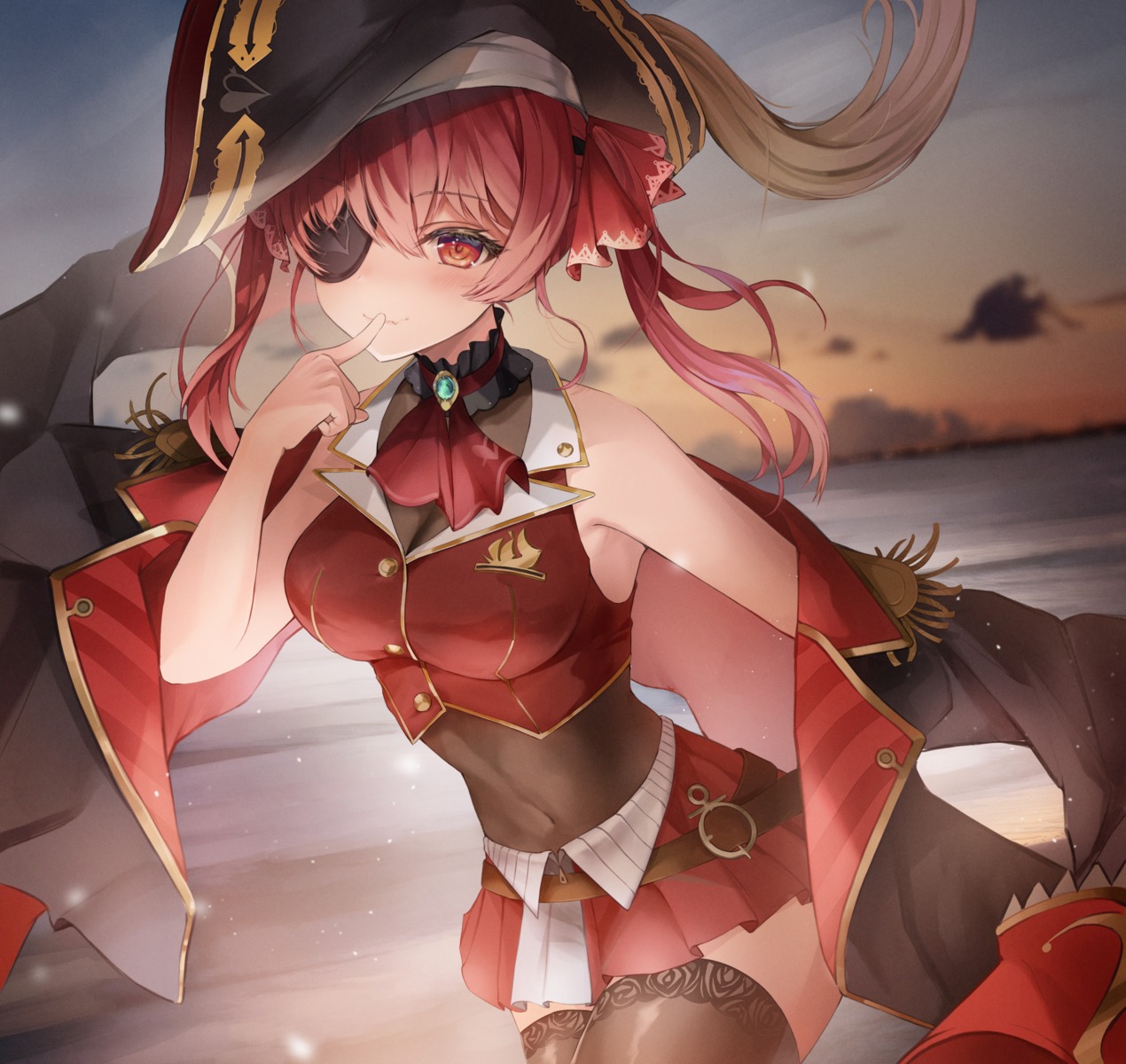 7d7y7 cleavage eyepatch hololive houshou_marine pirate see_through thighhighs