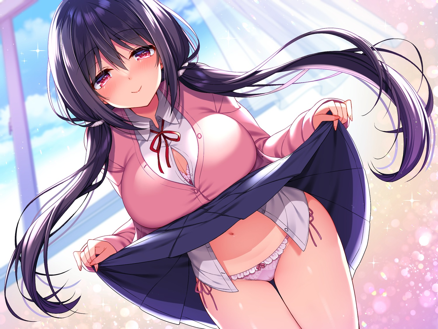 bra cleavage open_shirt pantsu ringo_sui seifuku skirt_lift string_panties sweater