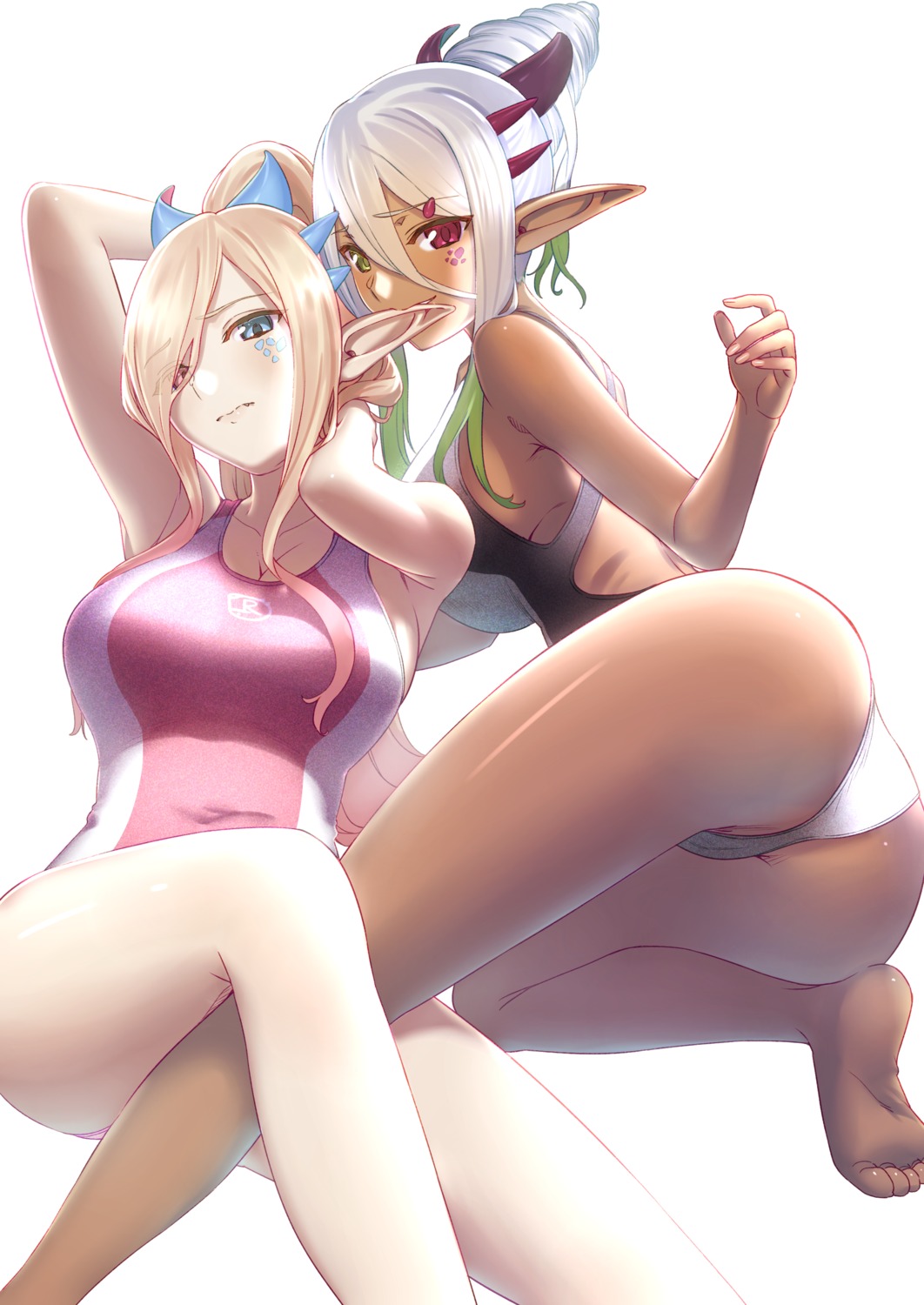 ass cameltoe horns kujuu_shikuro pointy_ears swimsuits yuri