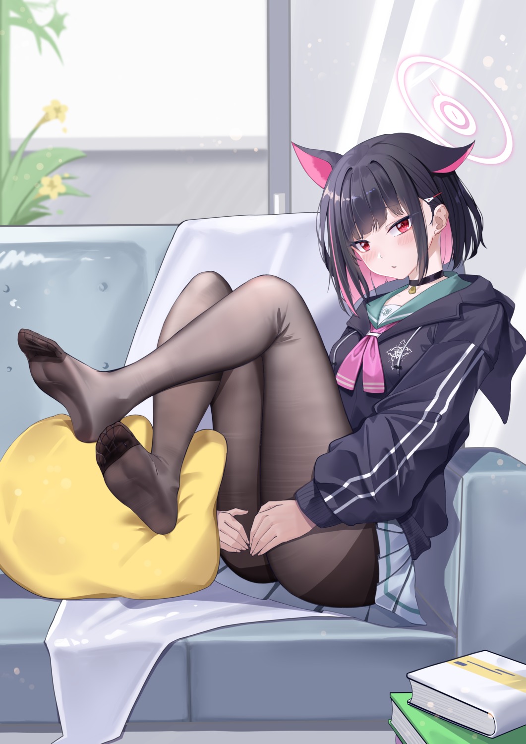 animal_ears blue_archive feet halo kaijiba kyouyama_kazusa nekomimi pantyhose seifuku skirt_lift