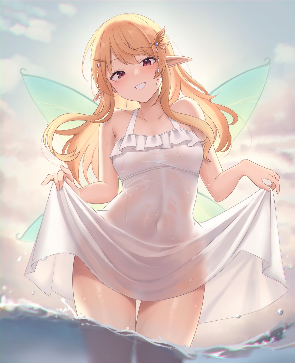 aurapls dress fairy nijisanji nijisanji_en pointy_ears pomu_rainpuff see_through skirt_lift summer_dress wet wet_clothes wings