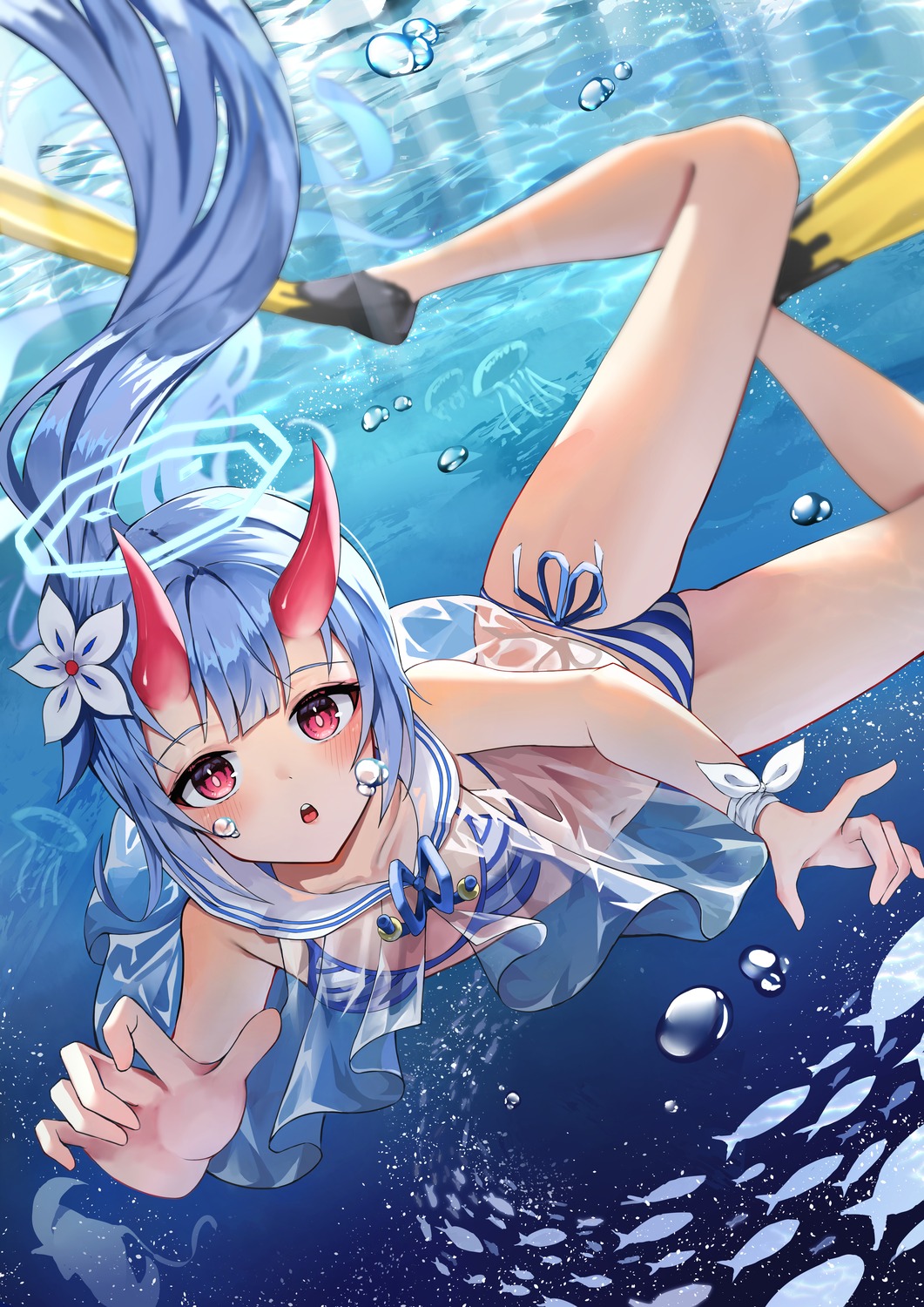 bikini blue_archive halo horns see_through shiriaru_(jjonaeng) swimsuits waraku_chise wet