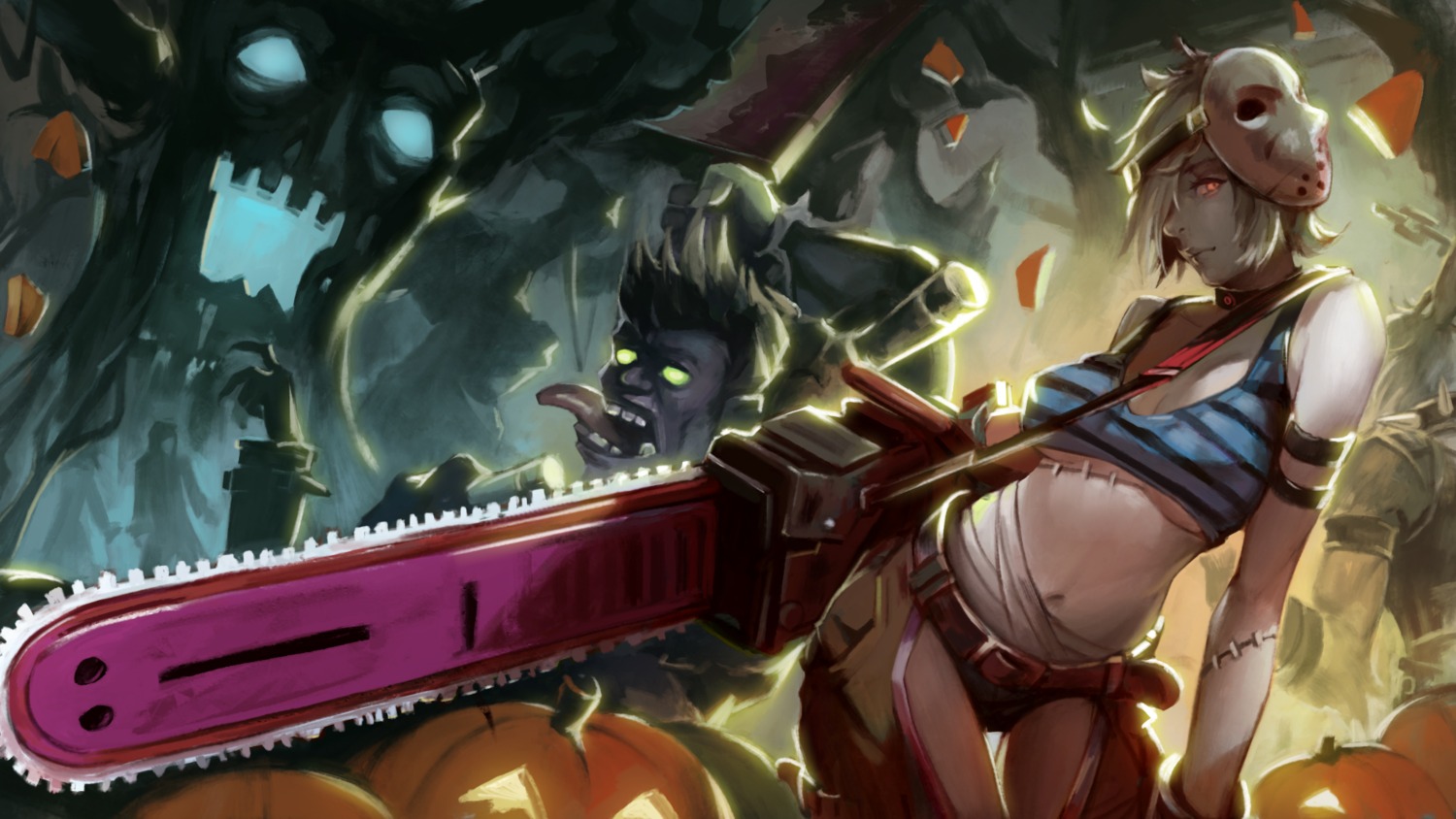 bandages cleavage dr._mundo halloween iorlvm league_of_legends riven_(league_of_legends) underboob wallpaper weapon