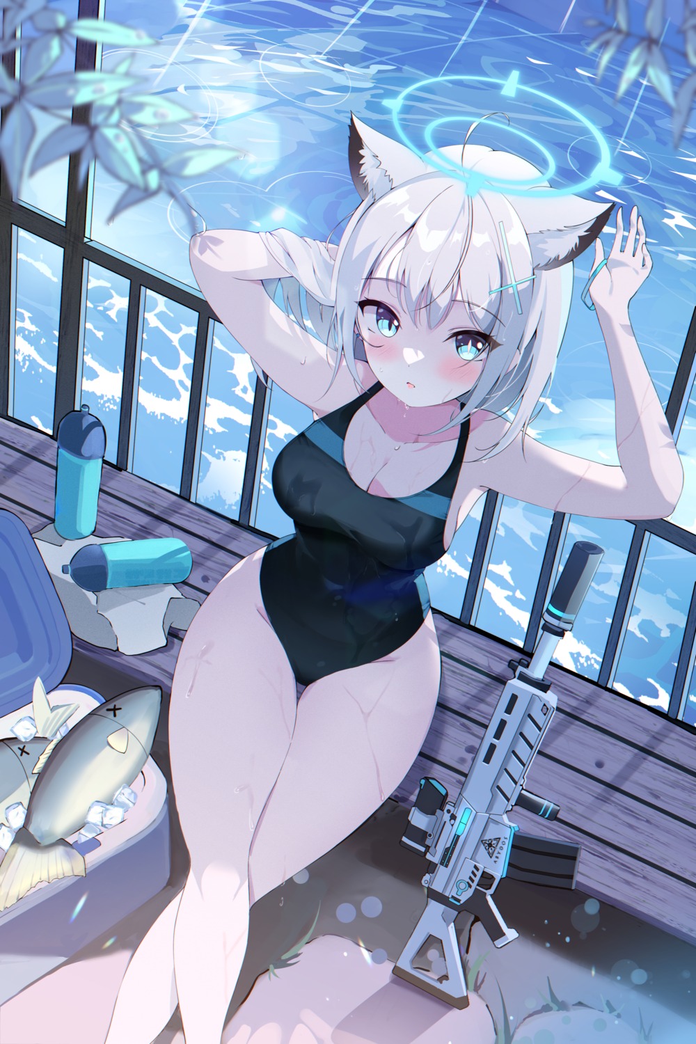 animal_ears blue_archive gun halo hido_(meori_apu_da) nekomimi sunaookami_shiroko swimsuits wet