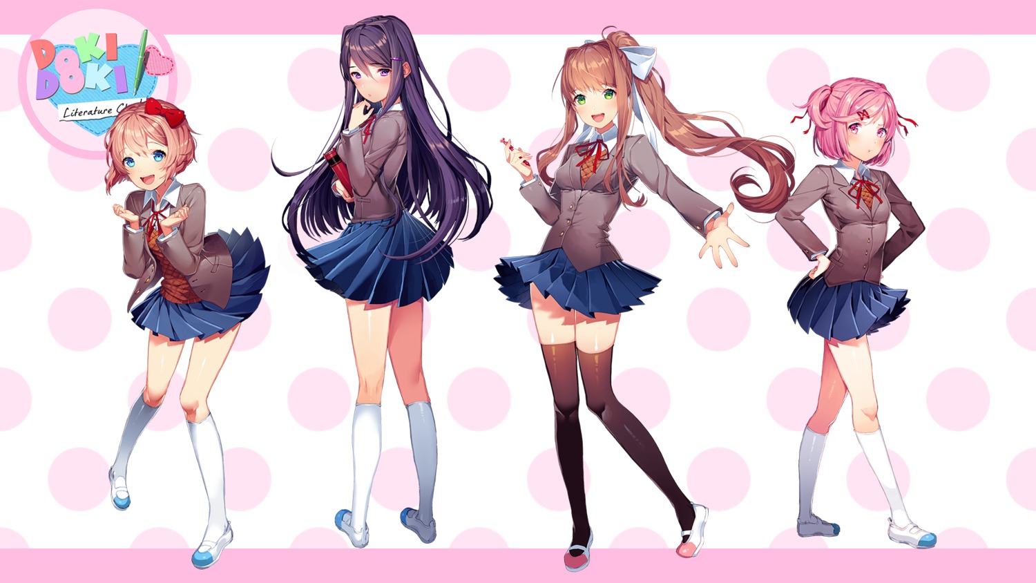 doki_doki_literature_club! monika_(doki_doki_literature_club!) natsuki_(doki_doki_literature_club!) satchely sayori_(doki_doki_literature_club!) seifuku skirt_lift sweater thighhighs wallpaper yuri_(doki_doki_literature_club!)