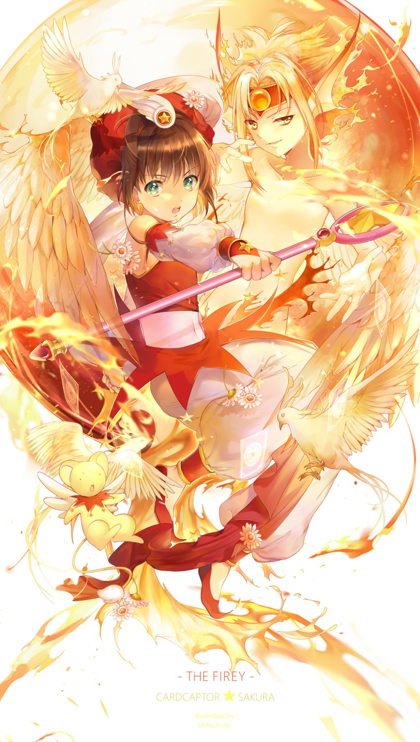 card_captor_sakura ekita_xuan kerberos kinomoto_sakura naked the_firey weapon wings