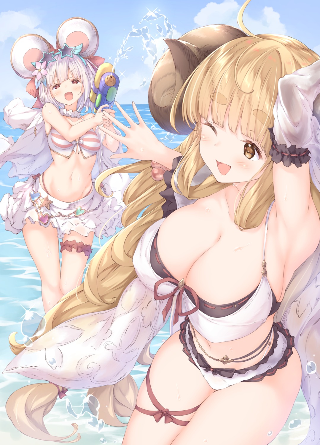 anila_(granblue_fantasy) animal_ears bikini cleavage erect_nipples garter granblue_fantasy gun horns open_shirt see_through skirt_lift swimsuits ukiwakisen vikala_(granblue_fantasy) wet wet_clothes