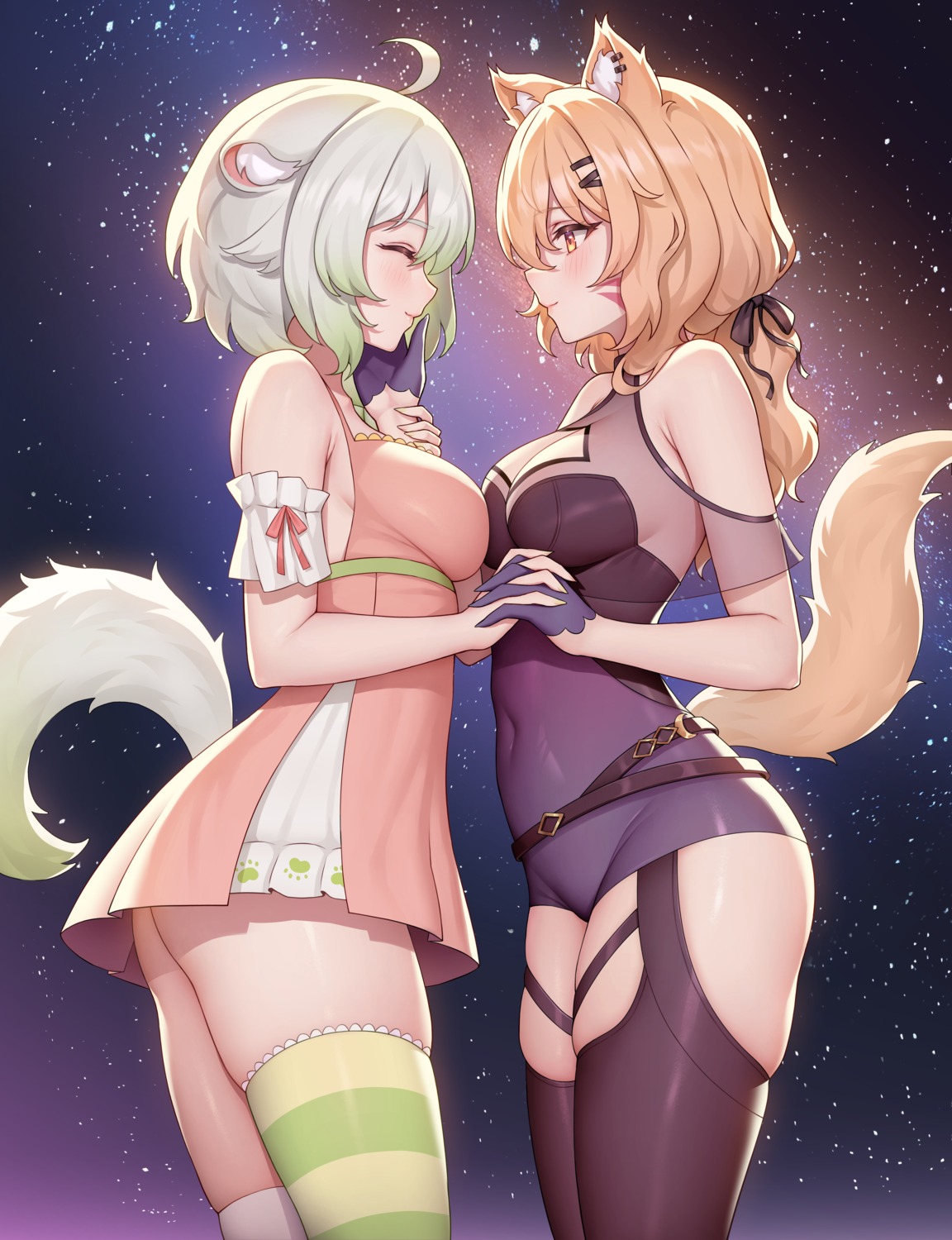 animal_ears dress indie_virtual_youtuber laimu_(vtuber) no_bra secon see_through shyrei_faolan stockings symmetrical_docking tail thighhighs yuri