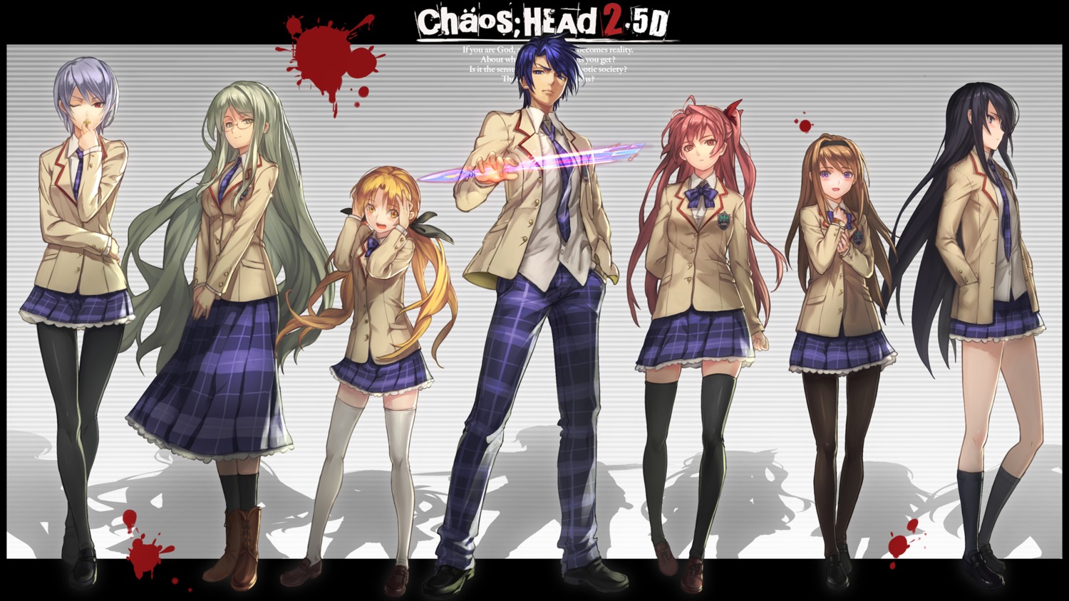 aoi_sena chaos;head kishimoto_ayase kusunoki_yua megane nishijou_nanami nishijou_takumi orihara_kozue pantyhose ryuuzaki_itsu sakihata_rimi seifuku thighhighs wallpaper