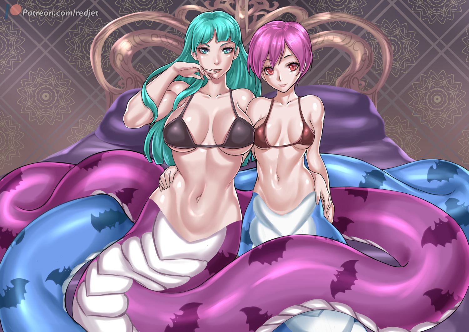 bikini_top bottomless dark_stalkers lilith_aensland monster_girl morrigan_aensland redjet swimsuits