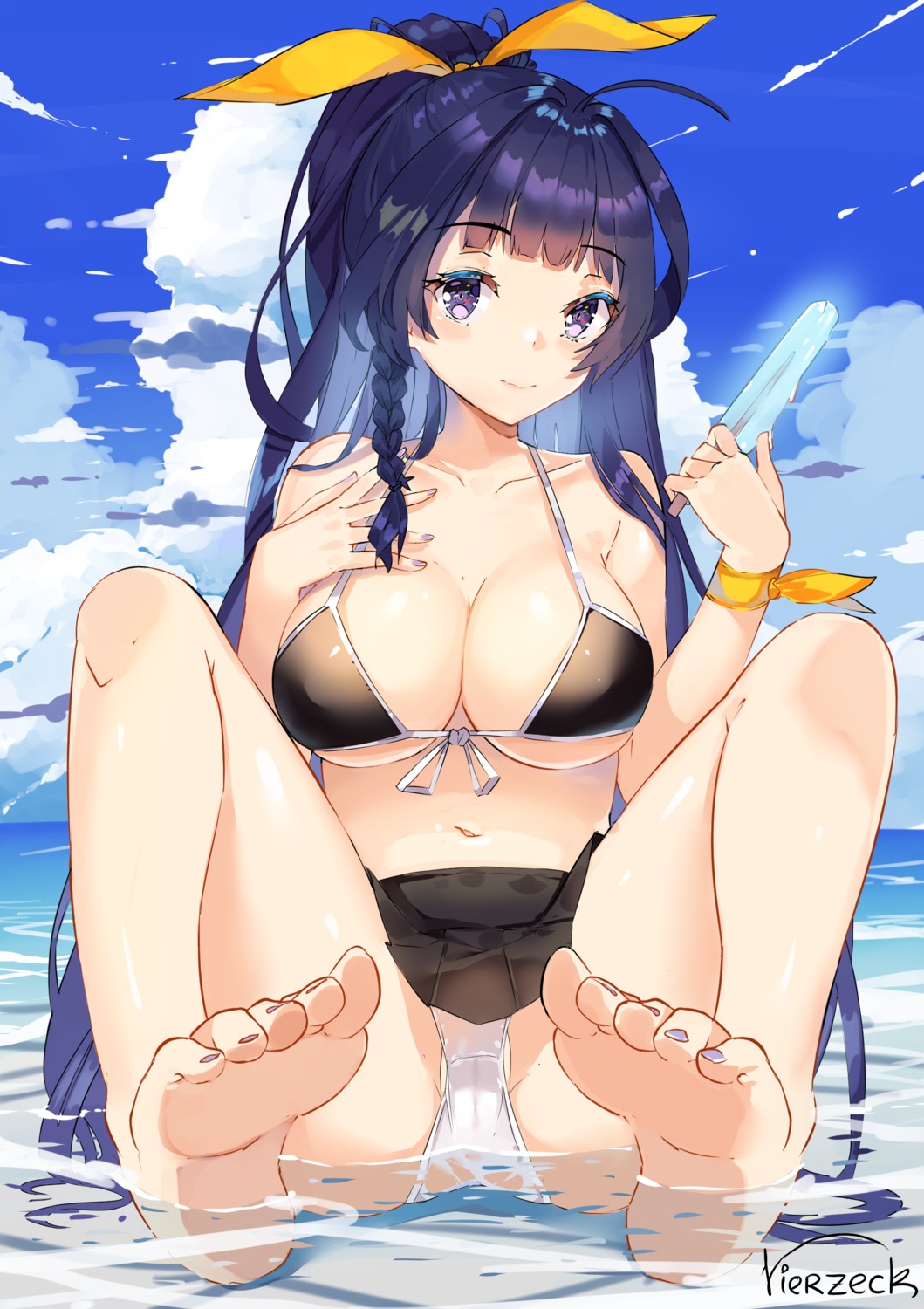 benghuai_xueyuan bikini_top breast_hold cameltoe feet honkai_impact pantsu raiden_mei see_through skirt_lift swimsuits vierzeck wet wet_clothes