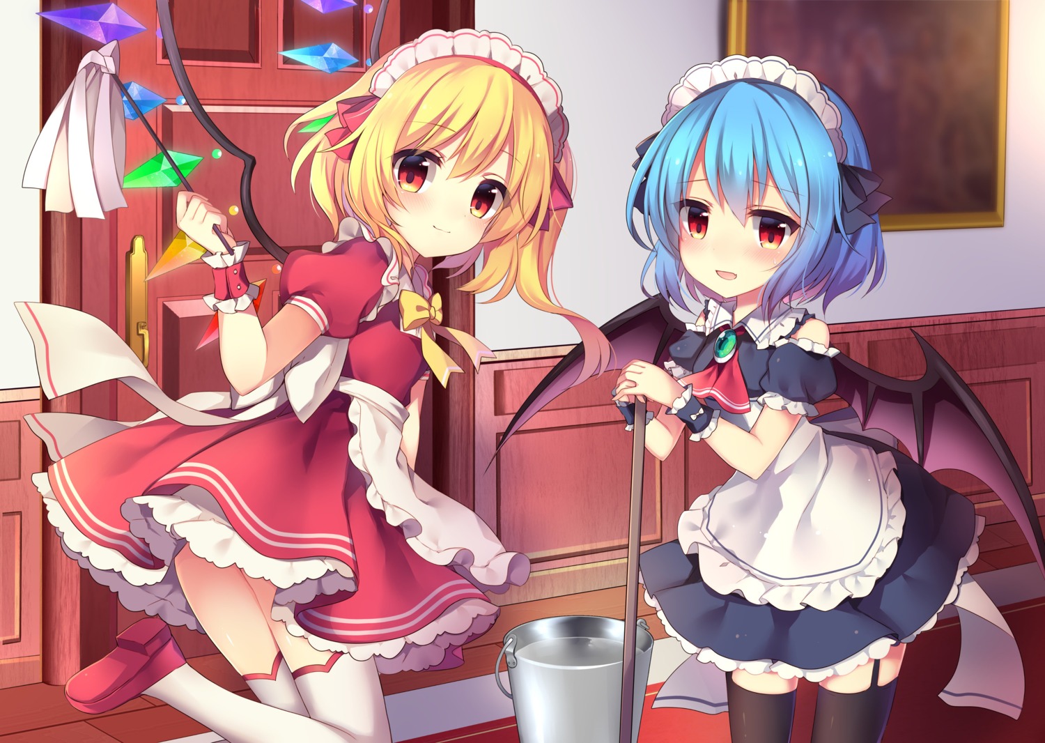 flandre_scarlet maid remilia_scarlet ruhika skirt_lift stockings thighhighs touhou wings