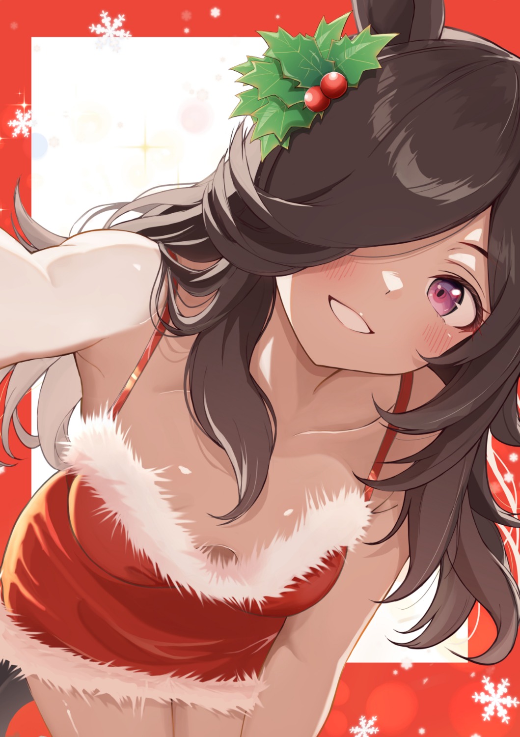 animal_ears christmas dress mashiroshiro no_bra rice_shower_(umamusume) selfie tail uma_musume_pretty_derby