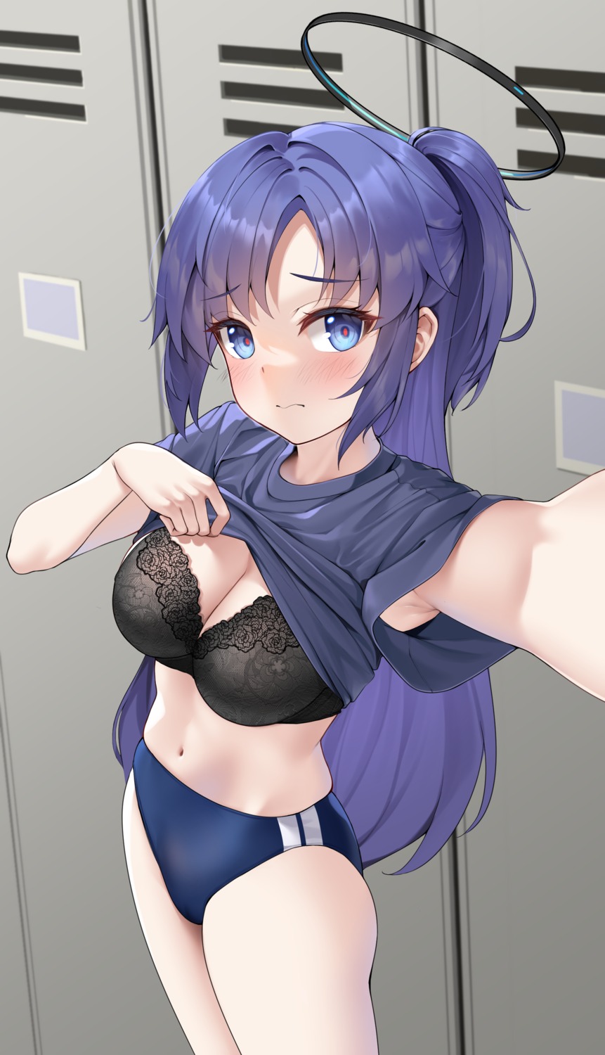 blue_archive bra buruma gym_uniform halo hayase_yuuka matrix16 selfie shirt_lift undressing