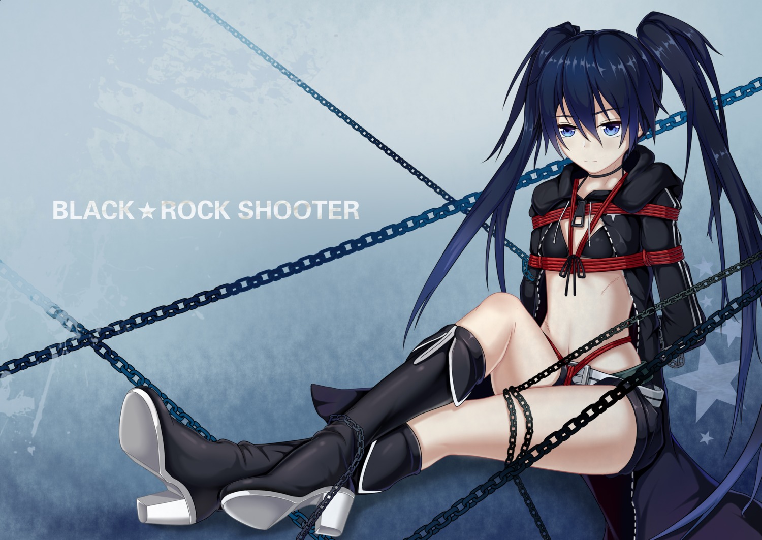 black_rock_shooter black_rock_shooter_(character) bondage bra heels open_shirt yiduan_zhu
