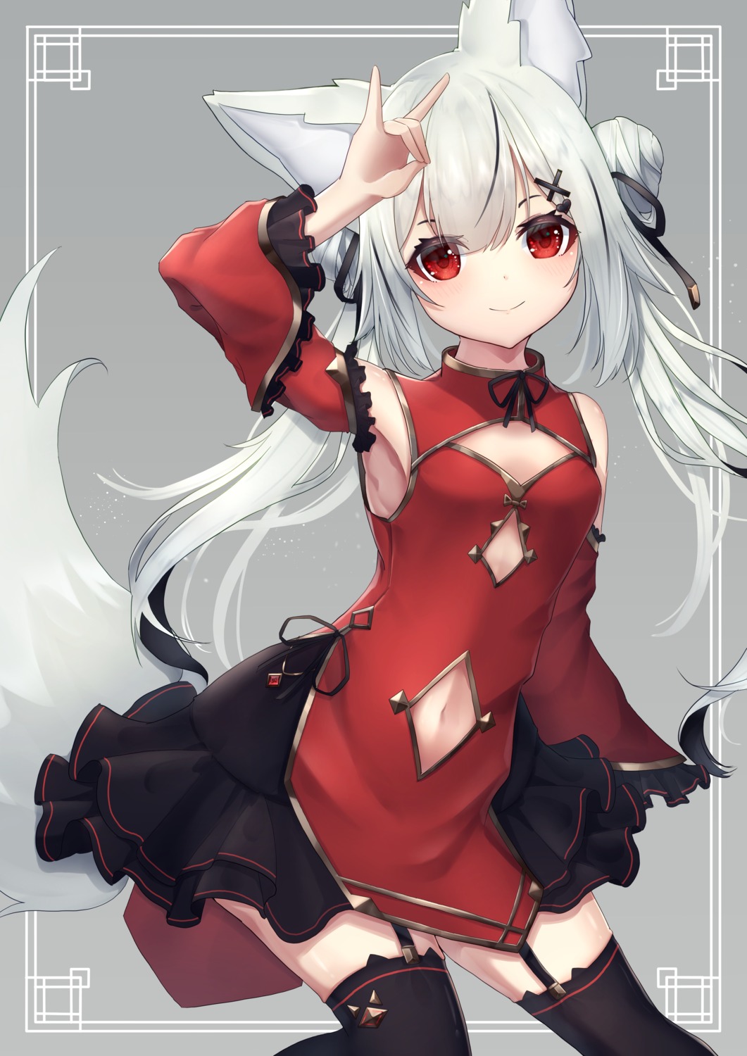 animal_ears asian_clothes kitsune no_bra stockings tagme tail thighhighs