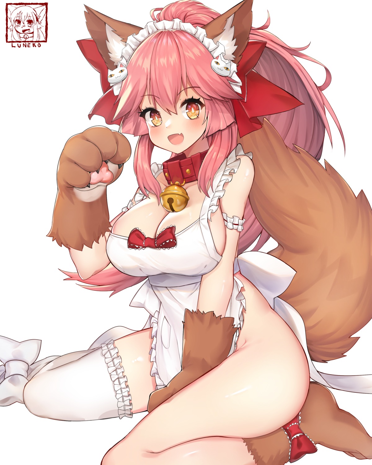 animal_ears fate/grand_order kitsune naked_apron neko_lu_(wofud453) tail tamamo_cat thighhighs