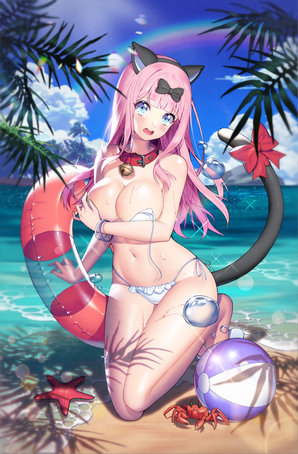 animal_ears artist_revision bikini breast_hold fujiwara_chika kaguya-sama_wa_kokurasetai_~tensai-tachi_no_renai_zunousen~ lemonpear nekomimi swimsuits tail wardrobe_malfunction