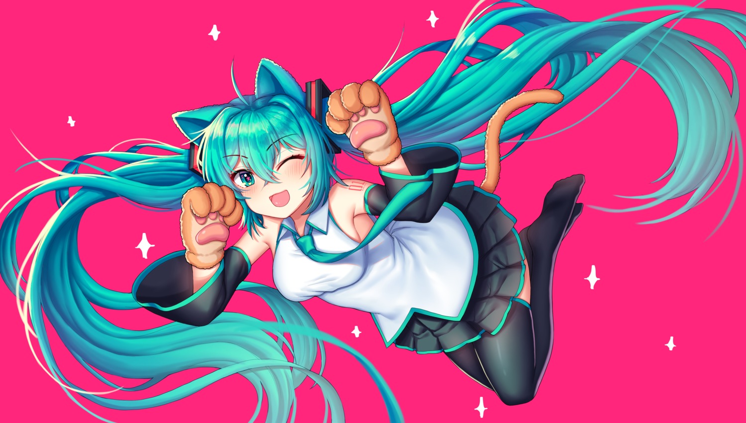 animal_ears hatsune_miku kk_(aky2374) nekomimi tail tattoo thighhighs vocaloid