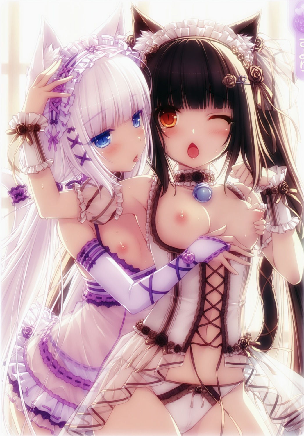 animal_ears breast_grab breasts cameltoe chocola lingerie nekomimi nekopara nipples no_bra pantsu sayori see_through string_panties tail vanilla yuri