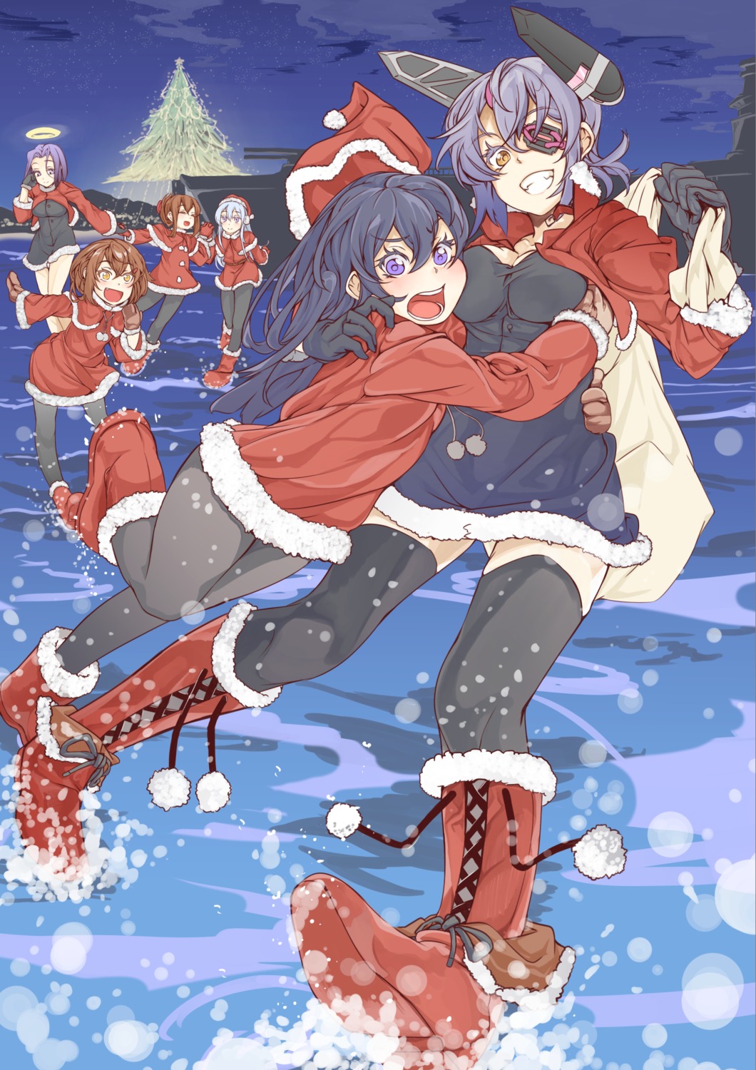 akatsuki_(kancolle) christmas cleavage dress eyepatch hibiki_(kancolle) ikazuchi_(kancolle) inazuma_(kancolle) kamo_(kamomedia) kantai_collection pantyhose tatsuta_(kancolle) tenryuu_(kancolle) thighhighs