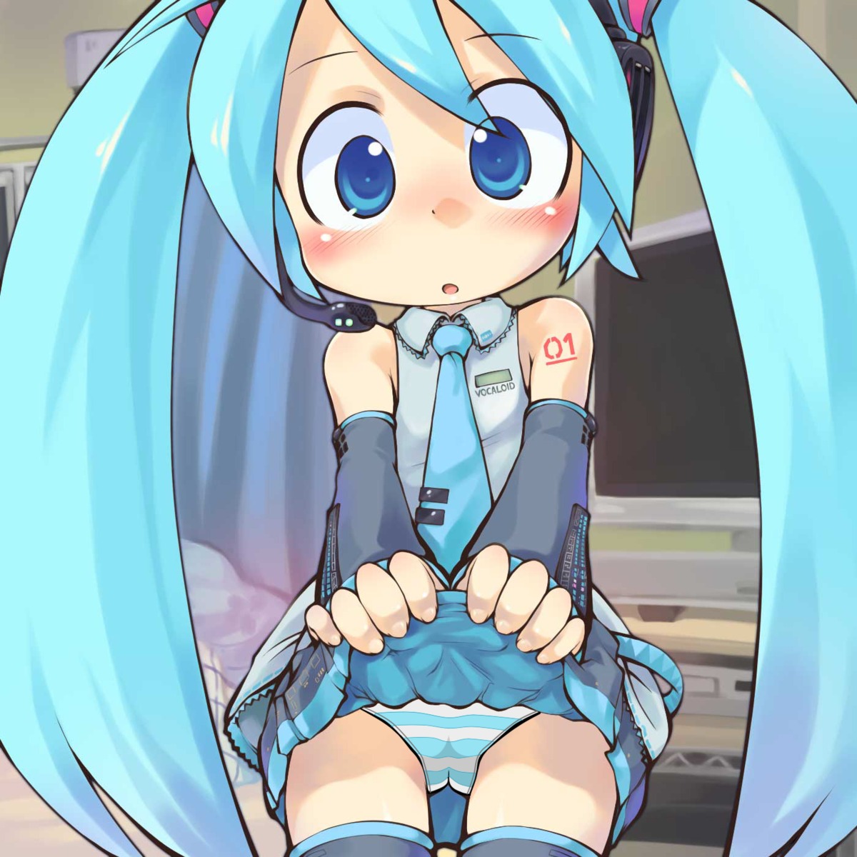 chibi hatsune_miku pantsu shimapan skirt_lift vocaloid