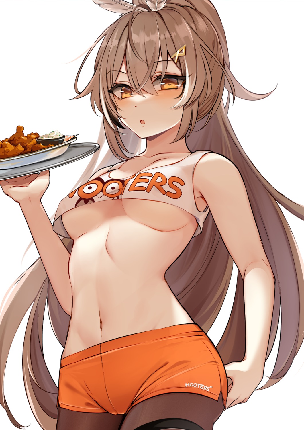 elfboii garter hololive hololive_english hooters nanashi_mumei no_bra pantyhose underboob waitress