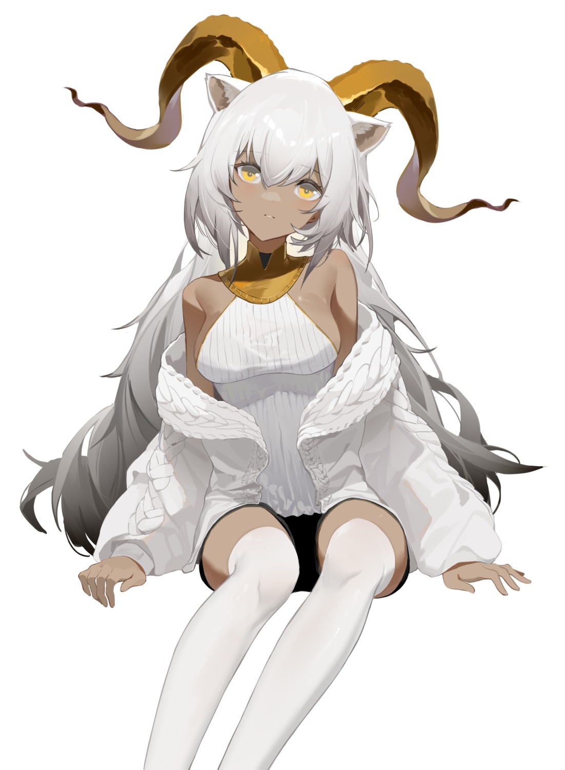 animal_ears arknights beeswax_(arknights) horns kuo_(kuo114514) no_bra sweater thighhighs