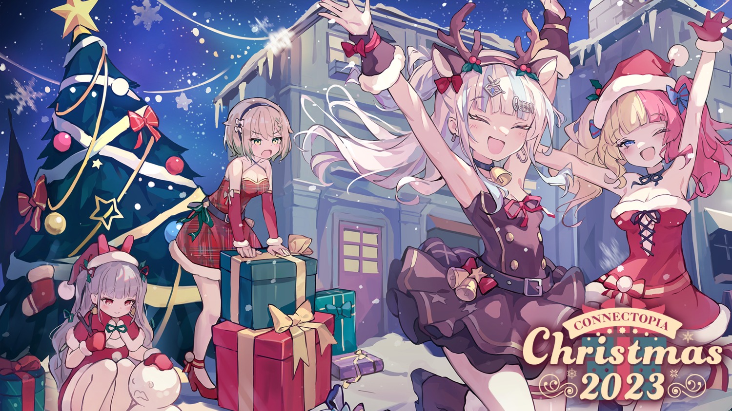 animal_ears bunny_ears christmas cleavage connectopia dress gachikoi_neon garter heels horns mesugaki_dia negirate no_bra tensai_meteo uraniwa_umeru wallpaper