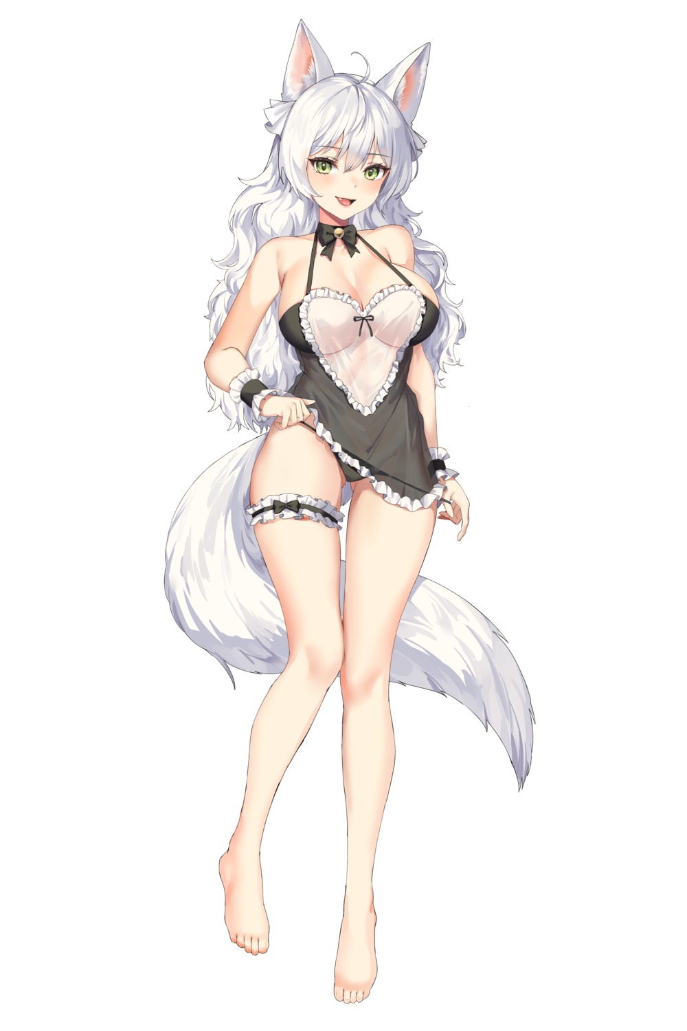 animal_ears garter kitsune lillly maid no_bra pantsu panty_pull see_through skirt_lift tail undressing