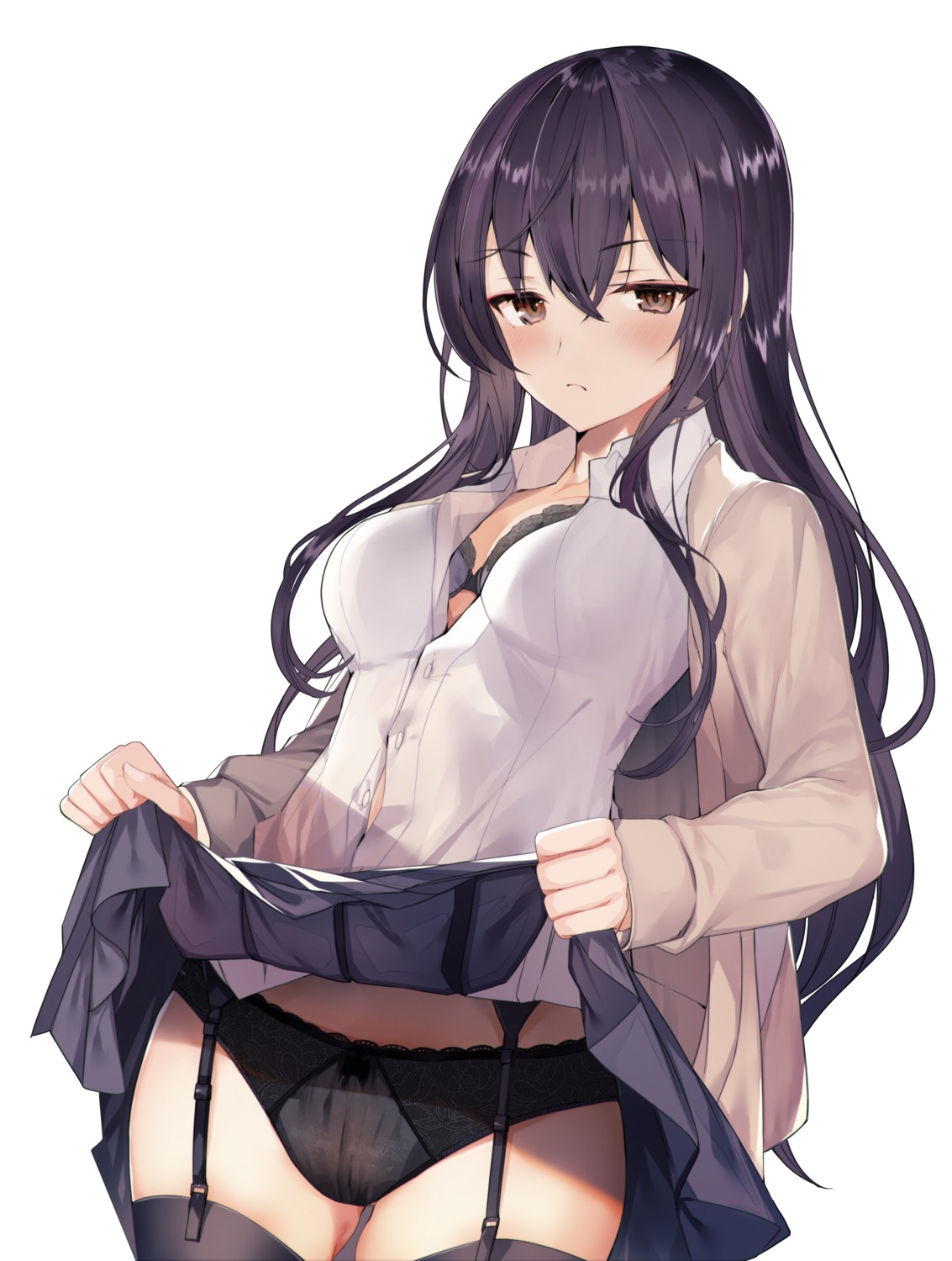 bra cleavage lingerie open_shirt pantsu see_through seifuku skirt_lift stockings sweater tetsubuta thighhighs