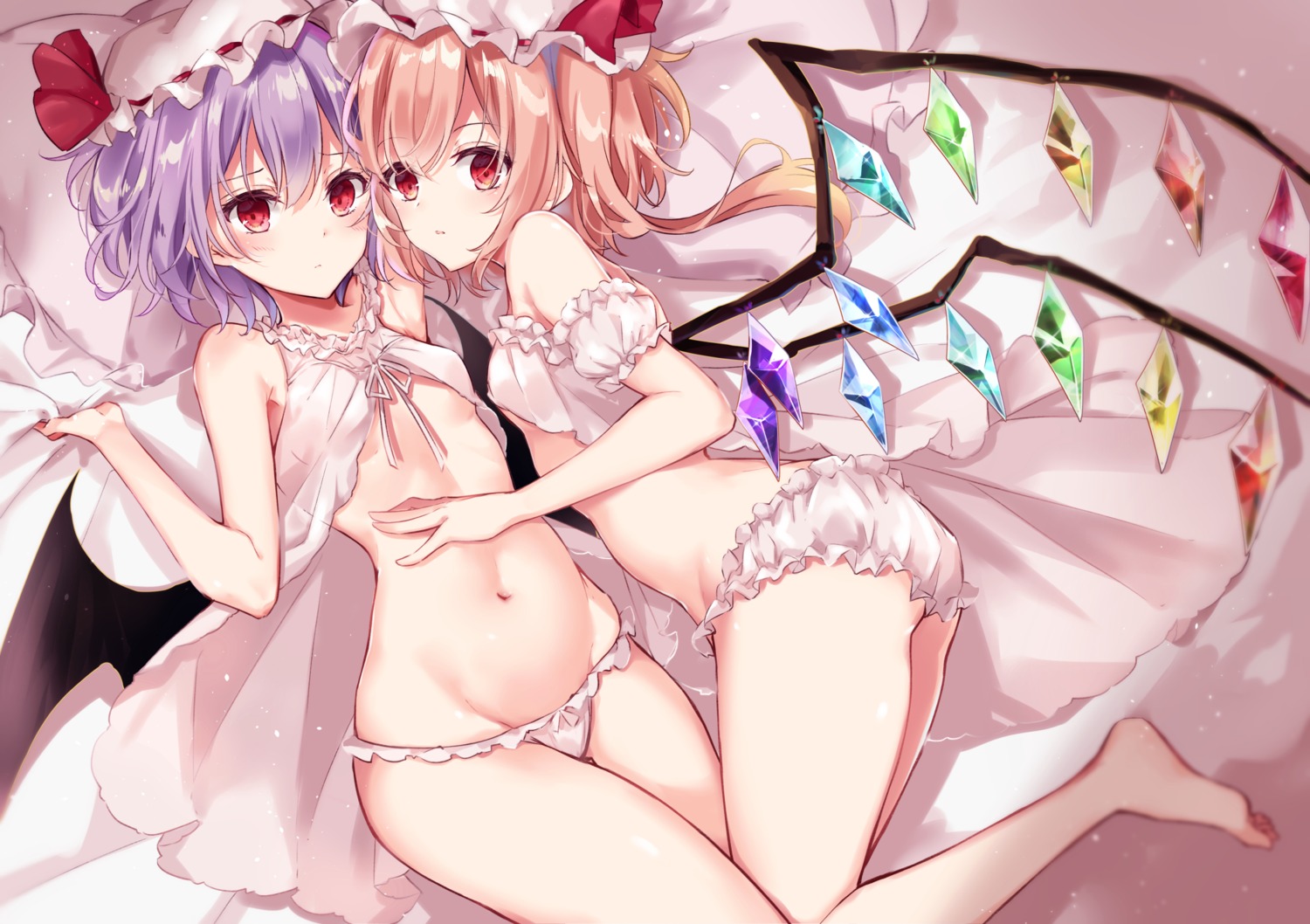 flandre_scarlet kisaragi_yuri lingerie no_bra open_shirt pantsu remilia_scarlet see_through touhou wings