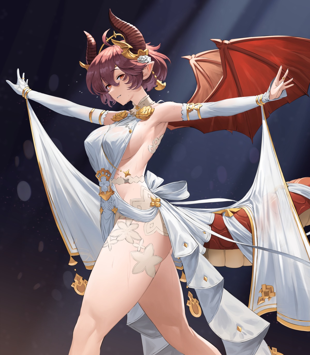 dress granblue_fantasy grea horns manaria_friends no_bra nopan pointy_ears see_through shingeki_no_bahamut shou_illust tail wet wet_clothes wings