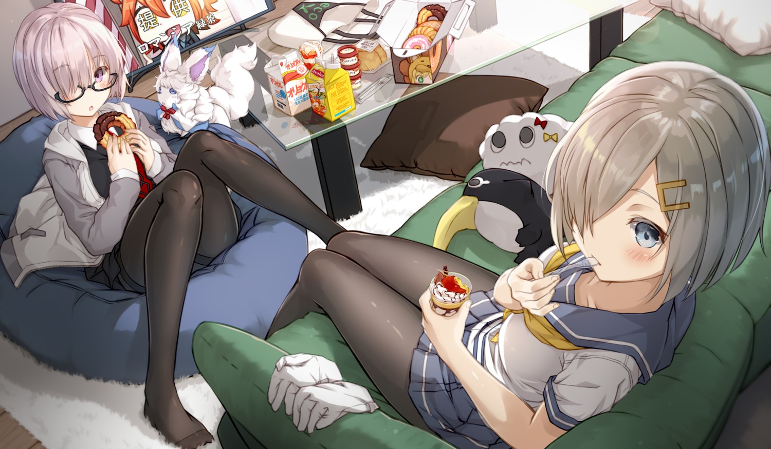 crossover fate/grand_order fou_(fate/grand_order) fujimaru_ritsuka_(female) hamakaze_(kancolle) kantai_collection kato_roku mash_kyrielight megane pantyhose seifuku