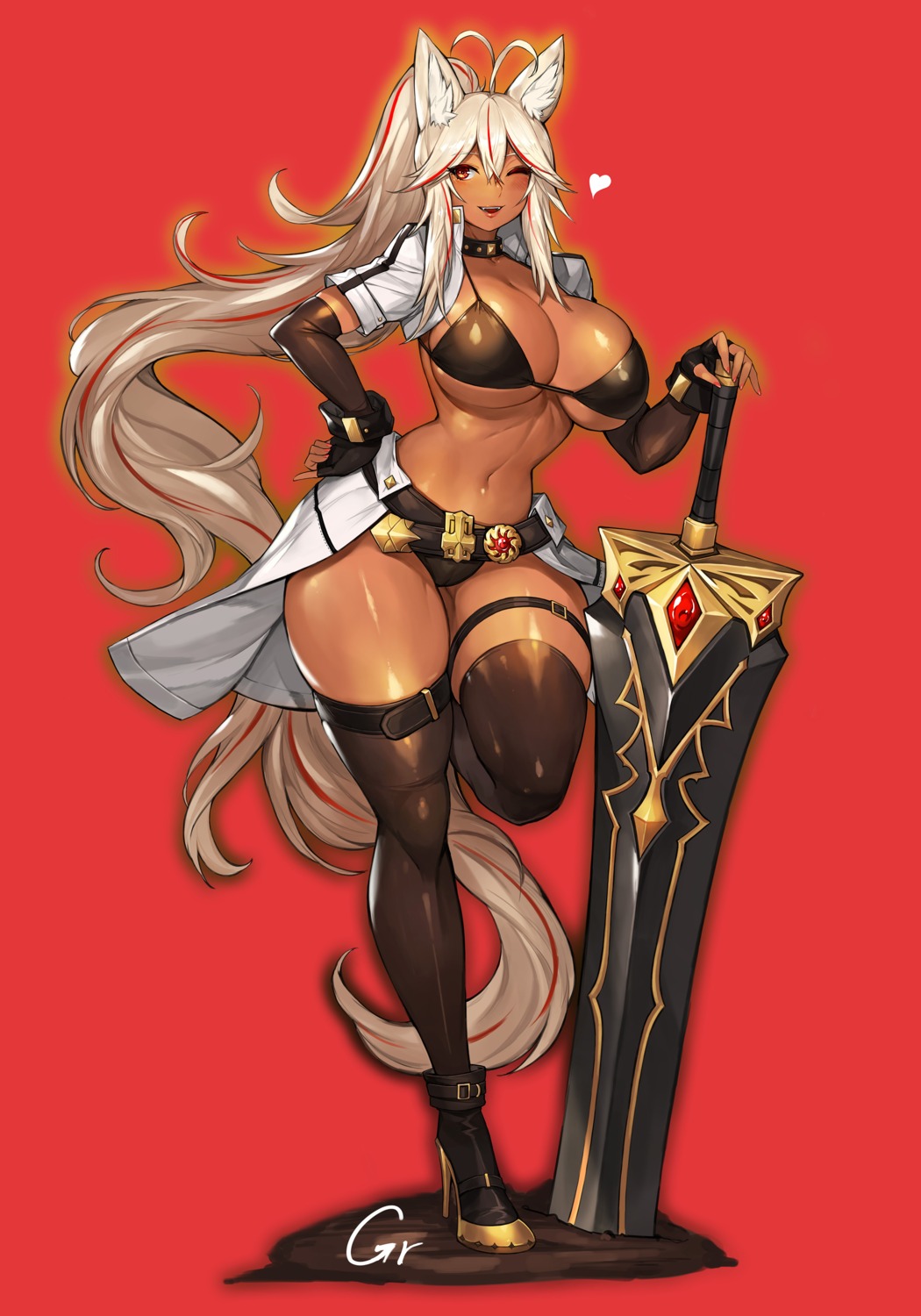 animal_ears bikini garter gurimjang heels open_shirt swimsuits sword thighhighs