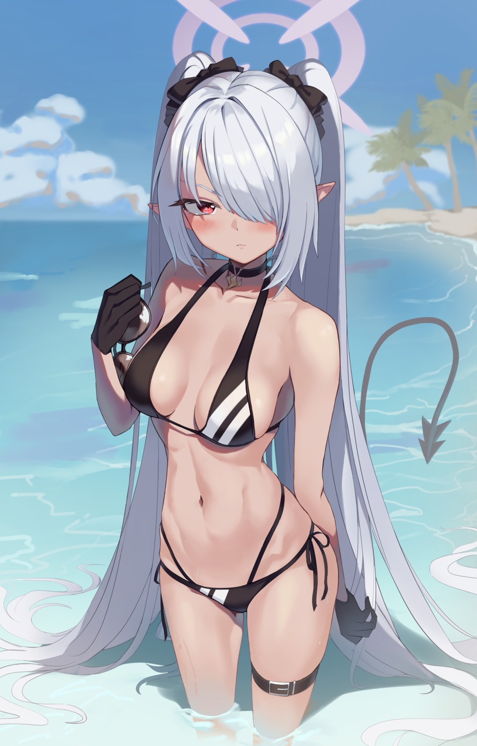 bikini blue_archive garter halo lv.p pointy_ears shiromi_iori swimsuits tail wet