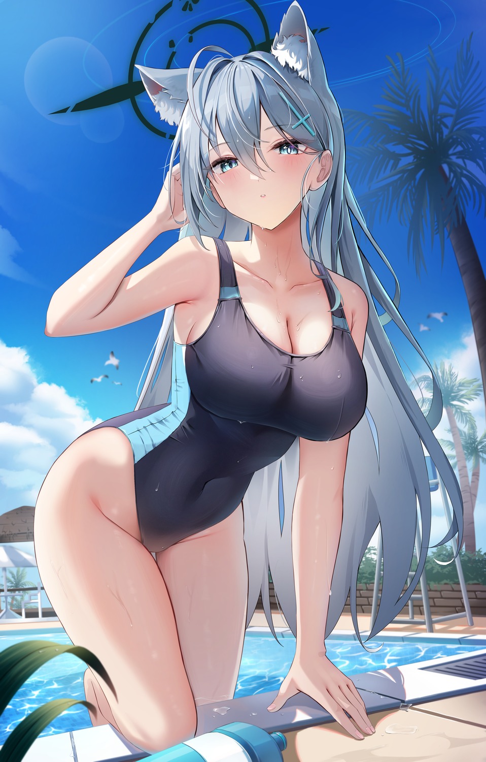 animal_ears blue_archive cleavage halo li_se nekomimi shiroko_terror sunaookami_shiroko swimsuits wet