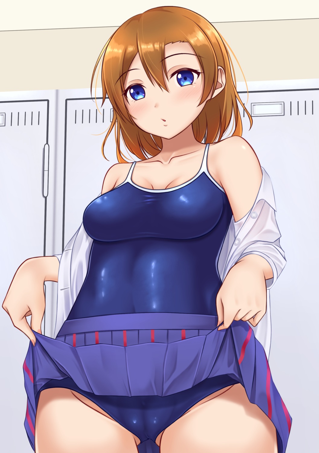 cameltoe kousaka_honoka love_live! mobukichi school_swimsuit seifuku skirt_lift swimsuits